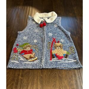 Kim Rogers Christmas Sweater Vest Women’s L Teddy Bear Ski Sled Winter Holiday